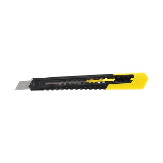 STANLEY 0-10-150 black and yellow snap-off utility knife, side angle, on white background.
