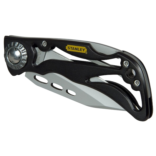 Photo of STANLEY 0-10-253 folding utility knife with black and silver handle, closed, on white background.