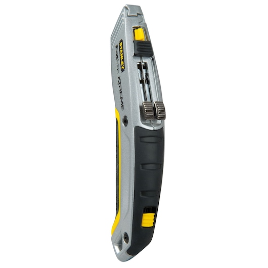 STANLEY 0-10-789 utility knife, silver and black, side angle, ergonomic grip and blade storage.
