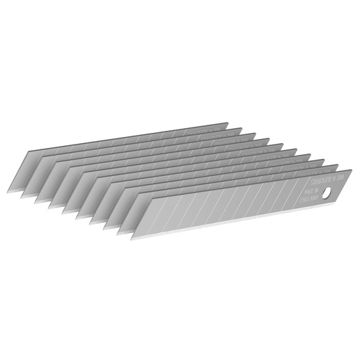 STANLEY 0-11-300 snap-off utility blades pack, silver color, side angle on white background.