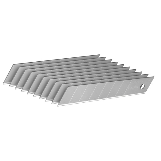 STANLEY 0-11-301 snap-off utility blades, silver color, set of ten, angled view on white background.
