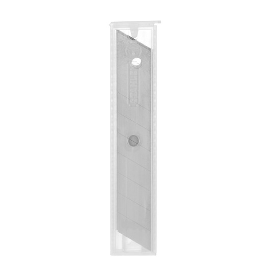 STANLEY 0-11-301 snap-off utility blades in a clear plastic case, front angle, silver color.