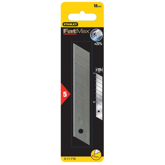 STANLEY 0-11-718 FatMax 18mm snap-off utility blade pack, front view on white background.