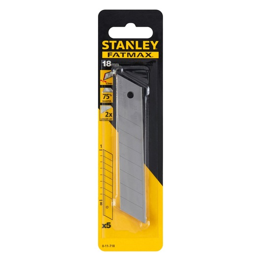 Photo of STANLEY 0-11-718 utility knife blades 18mm, pack of 5, in yellow and black retail packaging, front angle.