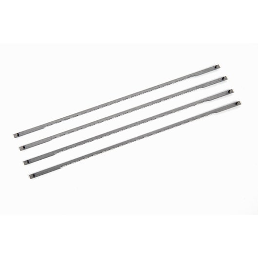 STANLEY 0-15-061 set of four silver-colored coping saw blades, top view on white background.