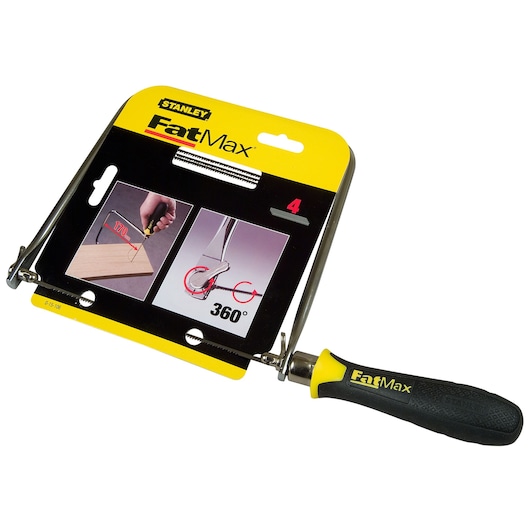 STANLEY 0-15-106 FatMax coping saw with black and yellow handle, product shown at angle on white background.
