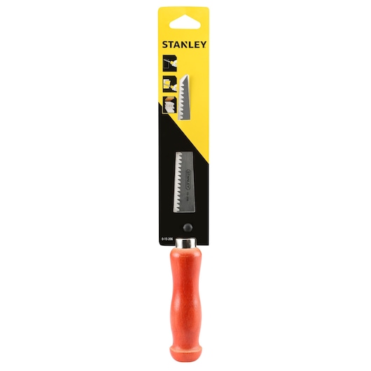 Photo of STANLEY 0-15-206 fine tooth saw with wooden handle, front angle, in packaging.