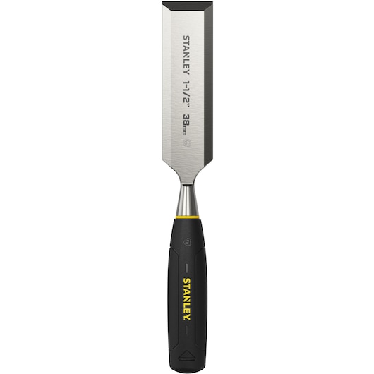 Photo of STANLEY 0-16-558 wood chisel with blue handle, angled view on white background.