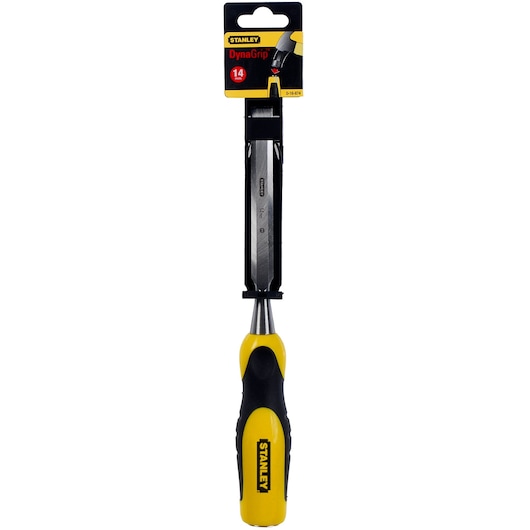 STANLEY 0-16-874 DynaGrip chisel, yellow and black handle, front view, white background.