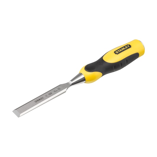 STANLEY 0-16-876 photography of yellow and black woodworking chisel, side angle on white background.