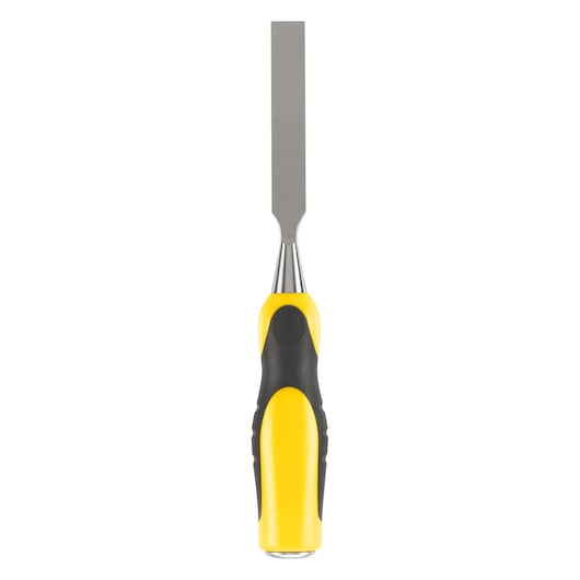 STANLEY 0-16-876 chisel with yellow and black soft grip handle, front view on white background.