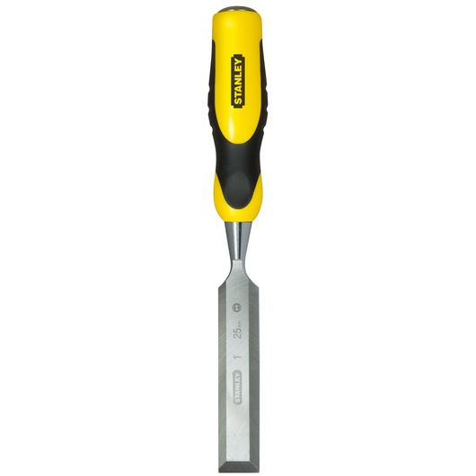 Stanley wood chisel with yellow and black handle and metal blade, designed for woodworking tasks.