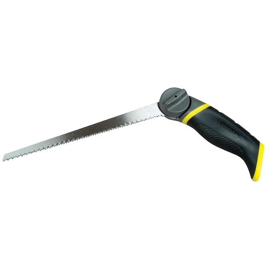 STANLEY 0-20-092 folding drywall saw with black and yellow ergonomic handle, side angle, white background.