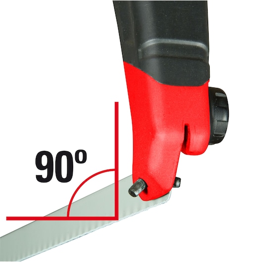 STANLEY 0-20-108 hand saw handle close-up at 90 degree angle, black and red, on white background.