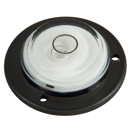 STANLEY 0-42-127 round leveling bubble vial, black and clear, top view, photography accessory.