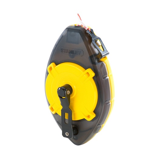 Photo of STANLEY chalk line reel 0-47-460, yellow and black casing, angled on white background.