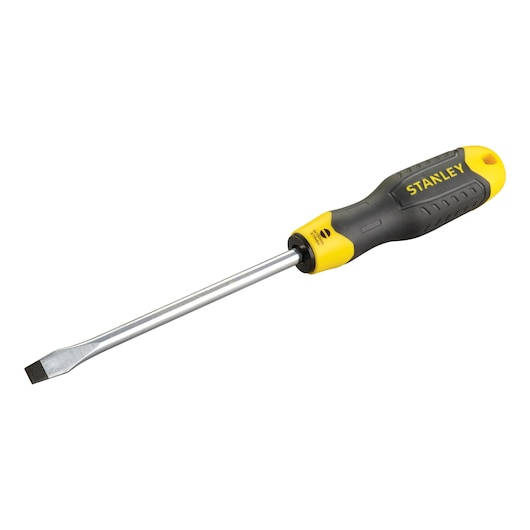Stanley flathead screwdriver with yellow and black handle, metal shaft, and flat tip for general use.