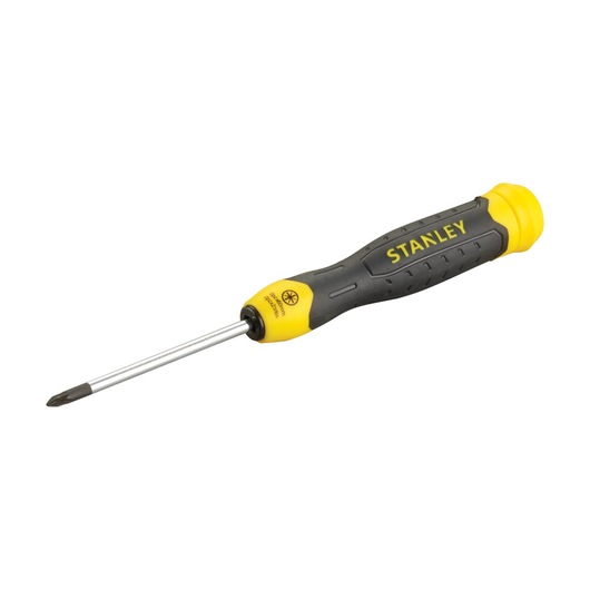 STANLEY 0-64-952 Phillips screwdriver with yellow and black handle, side angle on white background.