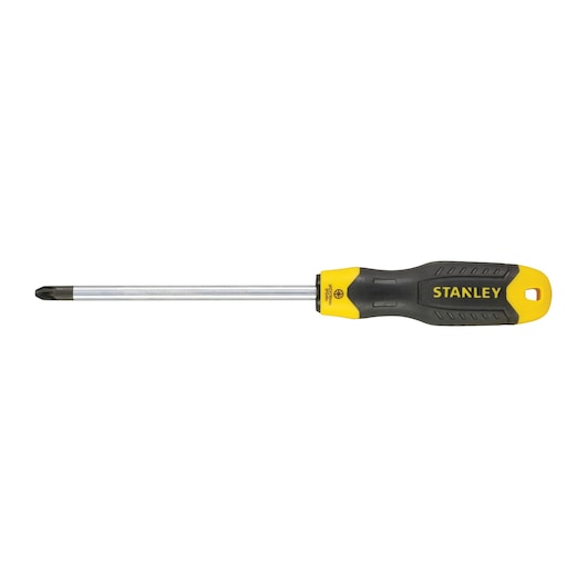 STANLEY 0-64-976 Phillips screwdriver with black and yellow ergonomic handle, photography side view on white background.