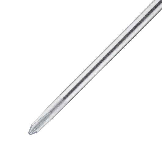 Stanley 0-65-204 Phillips screwdriver shaft close-up, silver metal, white background.