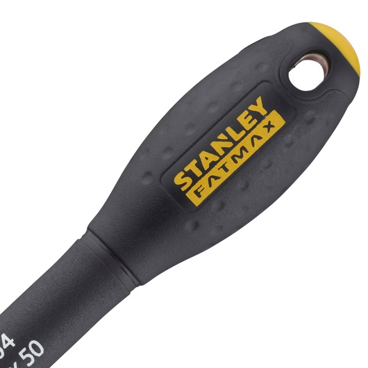 STANLEY 0-65-204 screwdriver handle close-up, black and yellow with textured grip and hanging hole, white background.