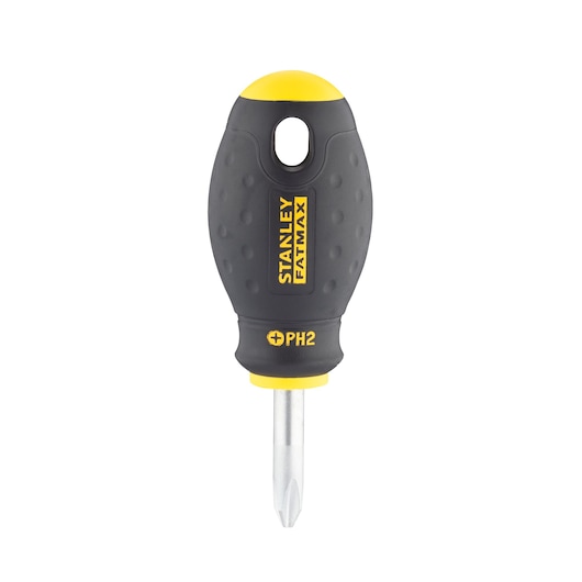 Photo of STANLEY 0-65-407 stubby Phillips screwdriver with black and yellow handle, front view on white background.