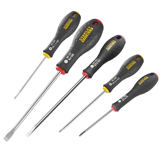 Stanley Fatmax set of five screwdrivers with black handles, flat and Phillips tips, arranged diagonally.