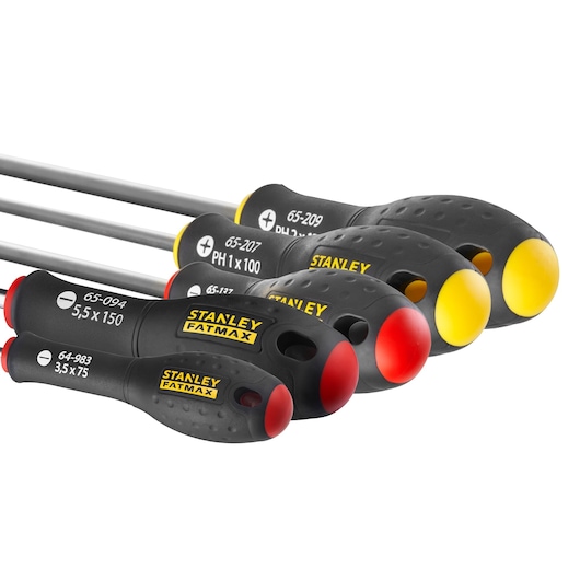 Set of STANLEY FATMAX screwdrivers with black handles and red or yellow tips, arranged in a row.