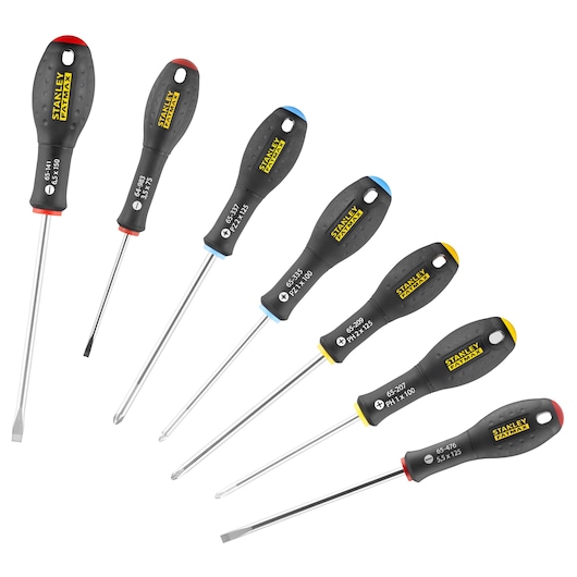 Seven STANLEY screwdrivers with black handles and colored tips, arranged side by side on a white background.