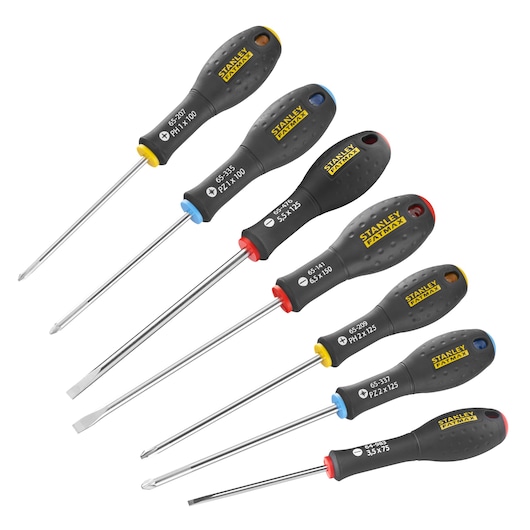 Set of seven STANLEY screwdrivers with black handles and color-coded ends, shown arranged on a white background.