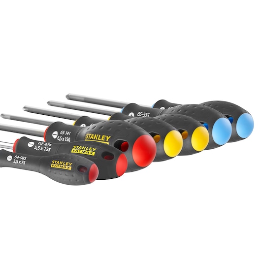 Set of STANLEY screwdrivers with color-coded handles arranged in a row on a white background.