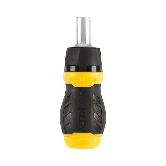 STANLEY 0-66-358 stubby ratcheting screwdriver, black and yellow handle, front angle on white background.