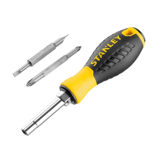 Stanley screwdriver with yellow-black handle and two interchangeable bits on a white background.