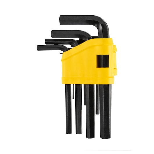 STANLEY 0-69-253 hex key set with black L-shaped wrenches in a yellow holder, product side angle on white background.