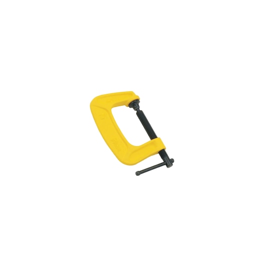 Photo of STANLEY 0-83-033 yellow C-clamp with black screw, photography product on white background, side angle.