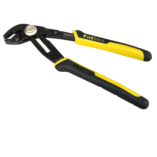 STANLEY 0-84-649 water pump pliers with black and yellow handles, side angle on white background.