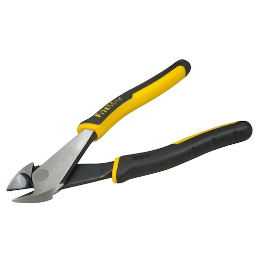 STANLEY 0-89-859 diagonal cutting pliers with yellow and black handles, side view, white background.