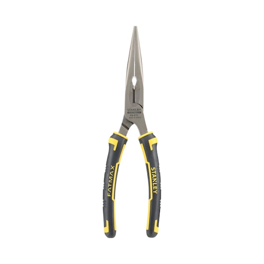STANLEY 0-89-870 long nose pliers, black and yellow handles, front angle, white background.