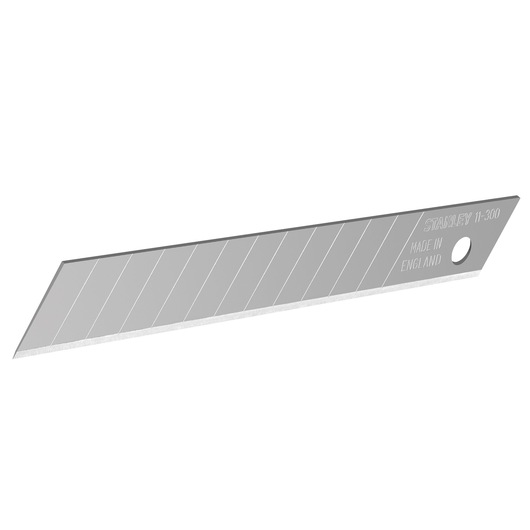 Photo of STANLEY 1-11-300 snap-off utility knife blade, silver, angled view, visible scored segments.