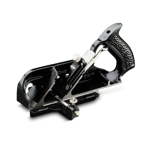 STANLEY 1-12-078 joinery plane, black metal tool, side angle photo on white background.