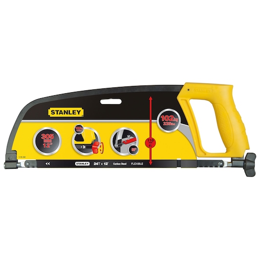 Photo of STANLEY 1-15-122 hacksaw with yellow handle, 12-inch blade, and product specs on packaging, side angle.