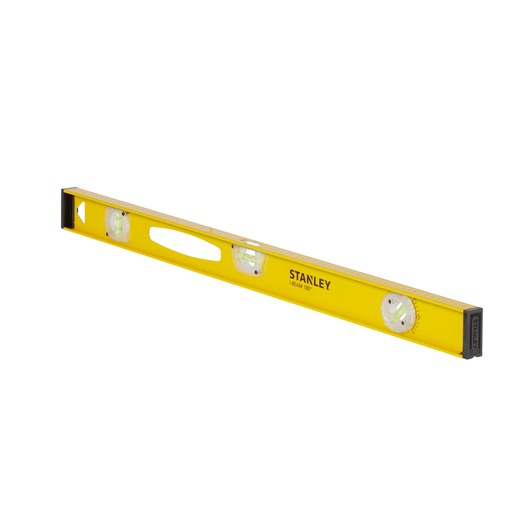 Yellow STANLEY spirit level with three bubble vials and a cut-out handle, used for measuring horizontal alignment.
