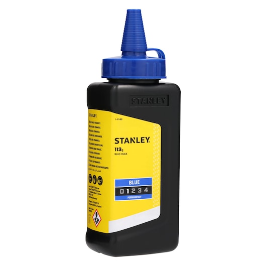 STANLEY 1-47-403 blue chalk powder bottle, 113g, yellow label, black container with blue cap, front angle.