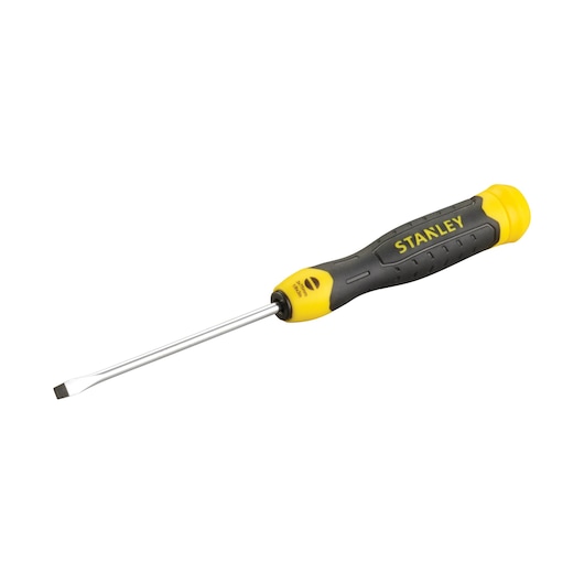 STANLEY 1-64-915 slotted screwdriver, black and yellow handle, side angle, product photography.