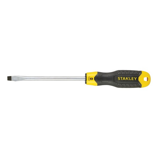 Photo of STANLEY 1-64-921 flathead screwdriver with yellow and black ergonomic handle, side angle on white background.