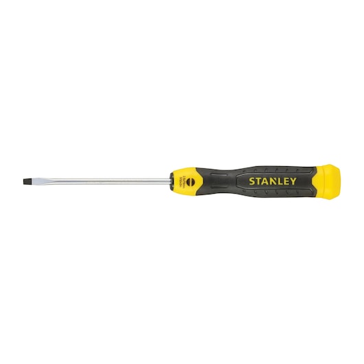 STANLEY 1-64-923 flathead screwdriver with yellow and black ergonomic handle, side view on white background.