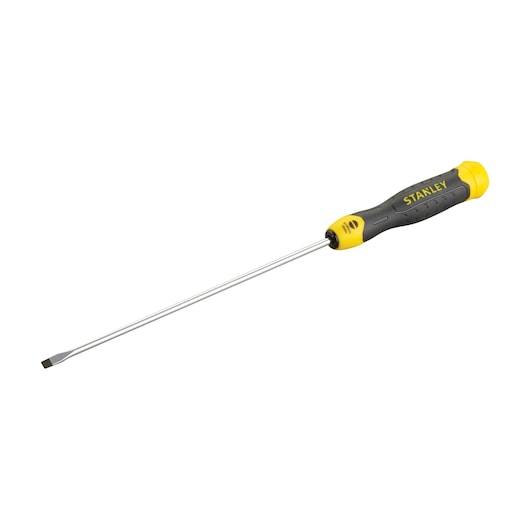 STANLEY 1-64-926 flathead screwdriver with long chrome shaft and yellow-black ergonomic handle, side view.