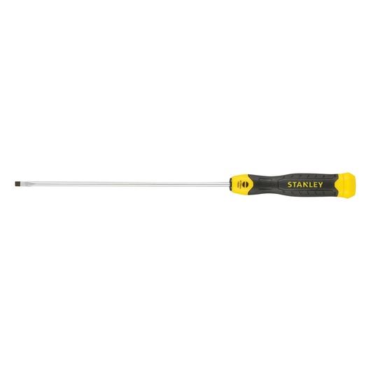 STANLEY 1-64-926 screwdriver with long chrome shaft, yellow and black ergonomic handle, side view.