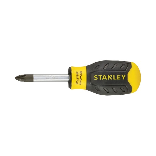 Photo of STANLEY 1-64-956 Phillips screwdriver with black and yellow ergonomic handle, side view, white background.