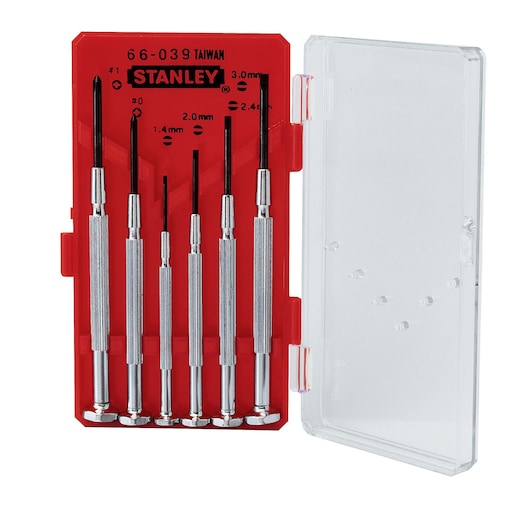 STANLEY 1-66-039 precision screwdriver set in red plastic case, six metal screwdrivers, case open, front angle.